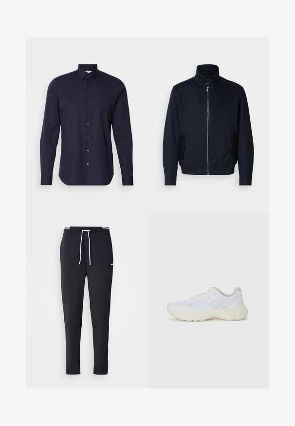 Tamsiai mėlyna striukė su aukšta apykakle, priekine užtrauktuku, šoninėmis kišenėmis ir gipiūriniais rankogaliais. Lygus paviršius su subtiliu logotipu ant krūtinės.; Jūrinis mygtukų marškinėliai su ilgomis rankovėmis, klasikinio tipo apykakle ir siauru siluetu. Pagaminti iš lygaus audinio su subtiliu logotipu ant krūtinės.; Juodi liekni džinsai su balta raišteliu, elastinga juosmens juosta su baltais raštais ir maža balta logotipu viršutiniame šlaunies taške.; Balti sportiniai bateliai, pagaminti iš tinklinės medžiagos ir zomšos, su tekstūruotu viduriu, tekstūruotais akcentais ir „HUGO“ logotipu šone.