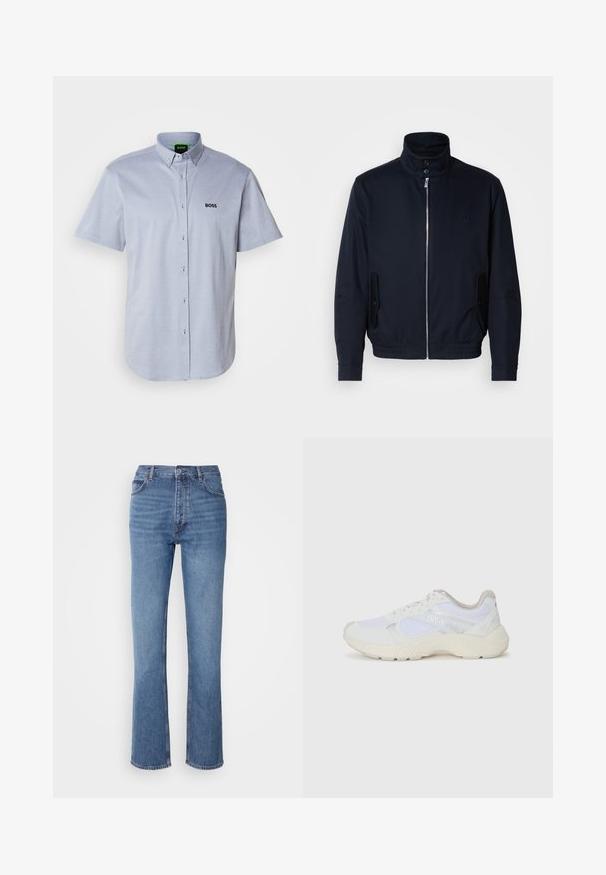 Marineblauwe jas met hoge kraag, voorsluiting met rits, zijzakken en ribgebreide manchetten. Gladde textuur met een subtiele logo-detail op de borst.; Korte mouwen overhemd met knopen in lichtblauwe stof met een geweven patroon, voorzien van een zwart geborduurd "BOSS" logo op de borst.; Blauwe denim jeans met een hoge taille, een recht pasvorm en subtiele vervaging. Kenmerkt zich door de klassieke vijf-pocketstijl en een ritssluiting.; Witte sportief schoenen van mesh en suede, met een gestructureerde tussenzool, gestructureerde accenten en het "HUGO" logo aan de zijkant.