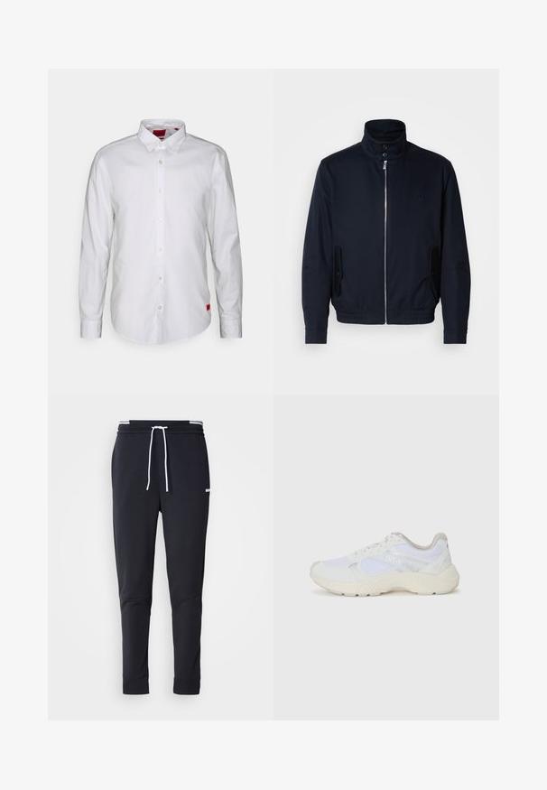 Marineblaue Jacke mit hohem Kragen, Vorderreißverschluss, seitlichen Taschen und gerippten Bündchen. Glatte Textur mit einem dezenten Logodetail auf der Brust.; Weiße Langarmbluse mit Button-Down-Kragen, aus leichtem Stoff gefertigt. Enthält ein dezentes Markenetikett in rot an der unteren Seite.; Schwarze Slim-Fit-Jogginghose mit weißem Kordelzug, elastischem Bund mit weißen Streifen und kleinem weißen Logo am oberen Oberschenkel.; Weiße Sportschuhe aus Mesh und Wildleder, mit einer strukturierten Zwischensohle, strukturierten Akzenten und dem "HUGO"-Logo an der Seite.