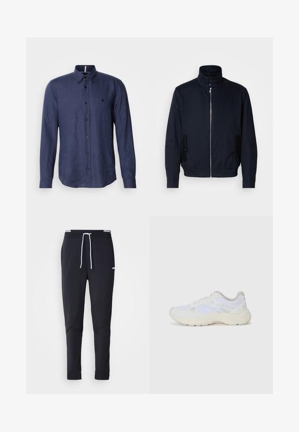 Mornarsko moder plašč z visokim ovratnikom, sprednjim zadrge, stranskimi žepi in rebrastimi manšetami. Gladka tekstura s subtilno detajlom logotipa na prsih.; Mornarsko modra srajca z dolgimi rokavi, izdelana iz lanu, z ovratnikom na gumb, temnimi gumbi in diskretno logotipno podrobnostjo na prsih.; Črne slim-fit jogger hlače z belo vrvico, elastičnim pasom z belimi črtami in majhnim belim logotipom na zgornjem stegnu.; Bela športna obuvala iz mrežastega in semiš materiala, z teksturiranim podplatom, teksturiranimi dodatki in logotipom "HUGO" na strani.