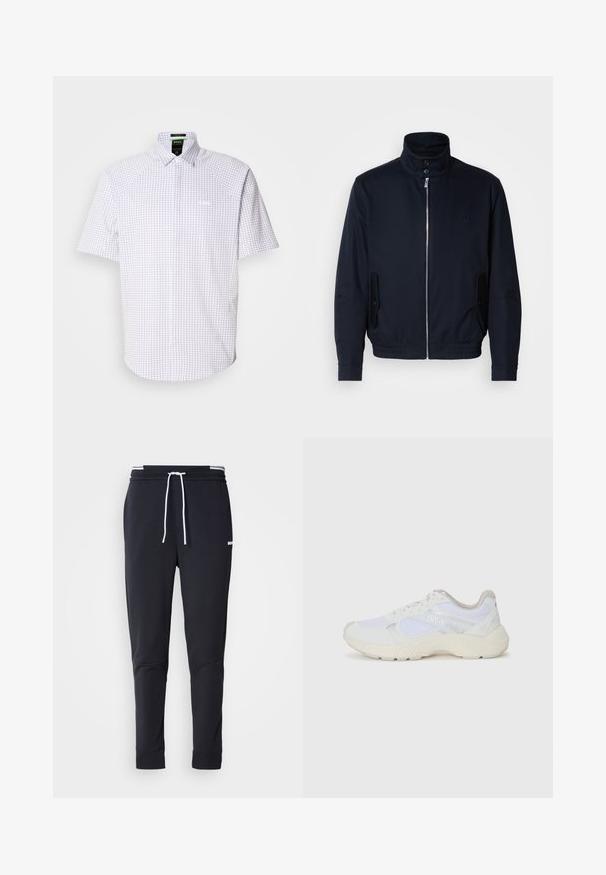 Casaco azul marinho com colarinho alto, fecho éclair frontal, bolsos laterais e punhos canelados. Textura suave com um detalhe logo discreto no peito.; Camisa de botão de mangas curtas em branco com um padrão xadrez azul. Apresenta um colarinho clássico e um logótipo subtil no peito.; Calças de jogger ajustadas pretas com cordão branco, cintura elástica com riscas brancas e pequeno logo branco na parte superior da coxa.; Ténis brancos desportivos feitos de malha e camurça, com uma entressola texturizada, elementos texturizados e o logótipo "HUGO" na lateral.