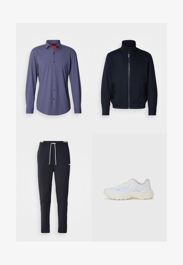 Mornarsko moder plašč z visokim ovratnikom, sprednjim zadrge, stranskimi žepi in rebrastimi manšetami. Gladka tekstura s subtilno detajlom logotipa na prsih.; Temno modra bluza z dolgimi rokavi z belimi pikami, ovratnik na gumb in črnimi gumbi. Gladek material z rednim krojem.; Črne slim-fit jogger hlače z belo vrvico, elastičnim pasom z belimi črtami in majhnim belim logotipom na zgornjem stegnu.; Bela športna obuvala iz mrežastega in semiš materiala, z teksturiranim podplatom, teksturiranimi dodatki in logotipom "HUGO" na strani.