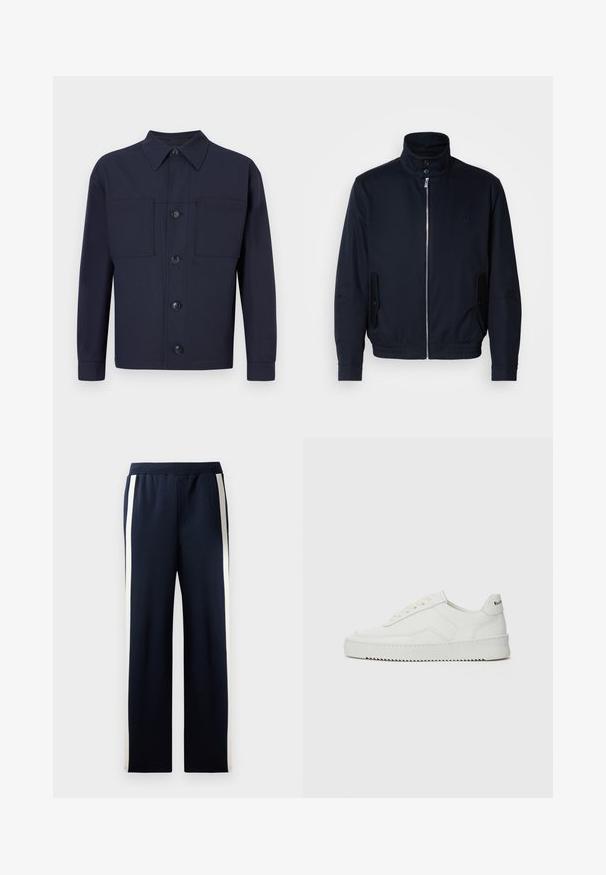 Tengerészkék dzseki magas gallérral, elülső cipzárral, oldalsó zsebekkel és bordázott mandzsettákkal. Sima felület, amelyen diszkrét logórészlet található a mellrészen.; Sötétkék, gombos kabát, sima textúrájú anyagból. Két mellzsebe és hegyes gallérja van, négy gombbal az elülső részen.; Tengerészek színű, széles lábbetétű melegítőnadrág, az oldalán függőleges krémszínű csíkkal. Puha, texturált anyagból készült, elasztikus derékrésszel.; Fehér bőr sportcipő sima felülettel, kerek orral, lapos fűzőkkel és texturált talppal. Finom logó található a sarokon.