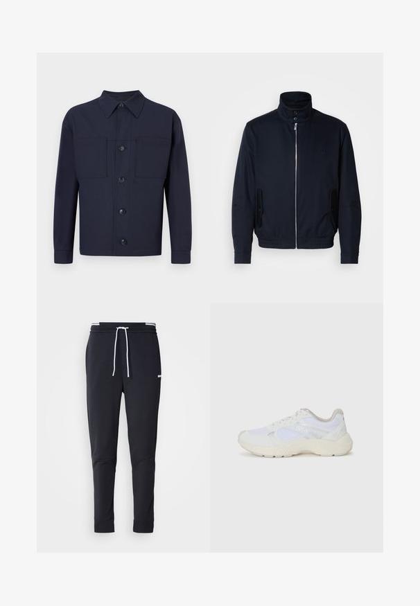 Casaco azul marinho com colarinho alto, fecho éclair frontal, bolsos laterais e punhos canelados. Textura suave com um detalhe logo discreto no peito.; Casaco azul-marinho com botões, feito de um tecido com textura suave. Apresenta dois bolsos no peito e um colarinho pontudo, com quatro botões na frente.; Calças de jogger ajustadas pretas com cordão branco, cintura elástica com riscas brancas e pequeno logo branco na parte superior da coxa.; Ténis brancos desportivos feitos de malha e camurça, com uma entressola texturizada, elementos texturizados e o logótipo "HUGO" na lateral.
