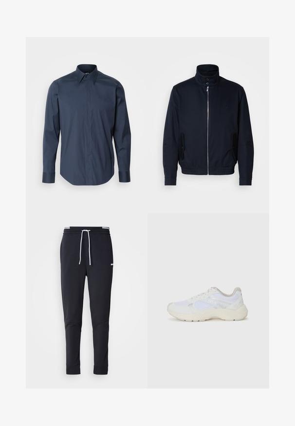 Mornarsko moder plašč z visokim ovratnikom, sprednjim zadrge, stranskimi žepi in rebrastimi manšetami. Gladka tekstura s subtilno detajlom logotipa na prsih.; BOSS JOE PARTY - Formalna srajca - navy; Črne slim-fit jogger hlače z belo vrvico, elastičnim pasom z belimi črtami in majhnim belim logotipom na zgornjem stegnu.; Bela športna obuvala iz mrežastega in semiš materiala, z teksturiranim podplatom, teksturiranimi dodatki in logotipom "HUGO" na strani.