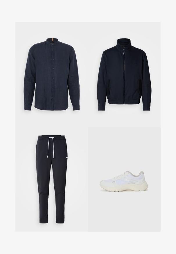 Laivansinis takki, jossa on korkea kaulus, edessä vetoketju, sivutaskut ja ribattu hihansuu. Sileä pinta, jossa on hienovarainen logo-ominaisuus rinnassa.; Tummansininen pitkähihaisesta pellavapaidasta, jossa on bändikaulus, napitus edessä sekä pehmeä tekstuuri ilman kuvioita tai koristeita.; Mustat slim-fit collegehousut, joissa on valkoinen naru, joustava vyötärö valkoisilla raidoilla ja pieni valkoinen logo reiden yläosassa.; Valkoiset urheilukengät, jotka on valmistettu verkkokankaasta ja mokasta, sisältävät tekstuurillisen välipohjan, teksturoituja yksityiskohtia ja "HUGO"-logon sivussa.