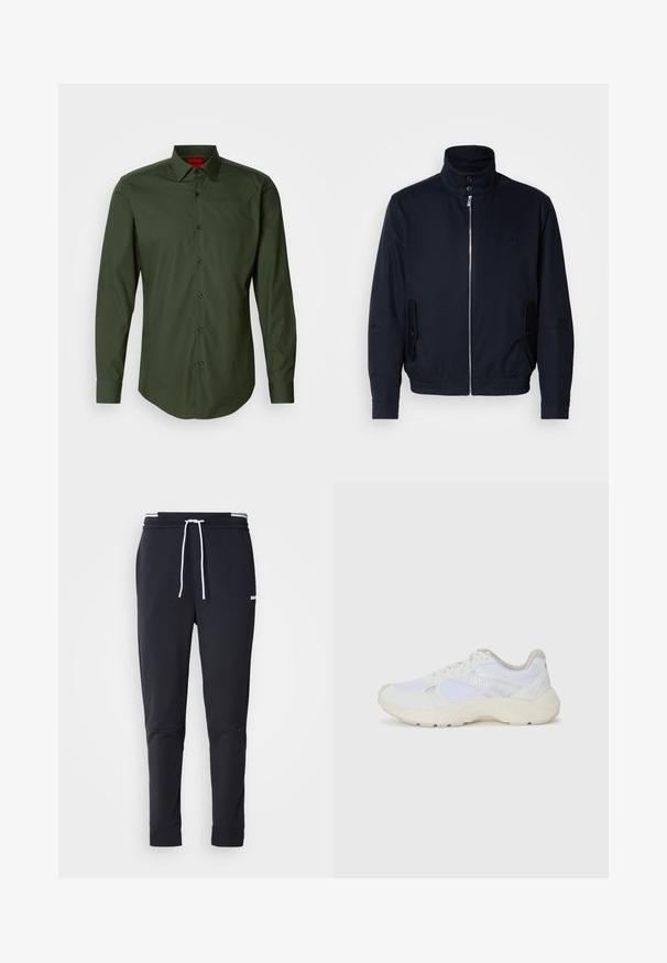 Marineblaue Jacke mit hohem Kragen, Vorderreißverschluss, seitlichen Taschen und gerippten Bündchen. Glatte Textur mit einem dezenten Logodetail auf der Brust.; Dunkelgrünes Langarmhemd aus glattem Baumwollstoff mit einem klassischen Kragen, schwarzen Knöpfen und einem abgerundeten Saum. Rotes Markenlogo am Kragen.; Schwarze Slim-Fit-Jogginghose mit weißem Kordelzug, elastischem Bund mit weißen Streifen und kleinem weißen Logo am oberen Oberschenkel.; Weiße Sportschuhe aus Mesh und Wildleder, mit einer strukturierten Zwischensohle, strukturierten Akzenten und dem "HUGO"-Logo an der Seite.