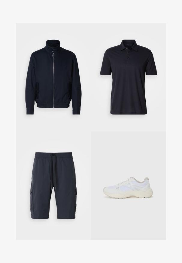 Casaco azul marinho com colarinho alto, fecho éclair frontal, bolsos laterais e punhos canelados. Textura suave com um detalhe logo discreto no peito.; Pólo de manga curta azul marinho escuro com colarinho e palas de botão triplo, exibido sobre um fundo claro e liso.; Calções de carga azuis marinho com um cós elástico, cordão à frente, bolsos laterais e textura suave. Tecido durável adequado para uso casual.; Ténis brancos desportivos feitos de malha e camurça, com uma entressola texturizada, elementos texturizados e o logótipo "HUGO" na lateral.