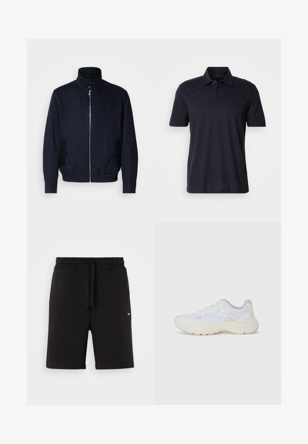 Chaqueta azul marino con un alto cuello, cierre frontal, bolsillos laterales y puños acanalados. Textura suave con un sutil detalle de logo en el pecho.; Polo de manga corta en azul marino oscuro con cuello y tapeta de tres botones, exhibido sobre un fondo claro y liso.; Pantalones cortos de algodón negros con cintura elástica y cordón. Presentan bolsillos laterales y un pequeño logo en la parte frontal. Textura suave.; Zapatillas deportivas blancas hechas de malla y ante, con una entresuela texturizada, acentos texturizados y el logo "HUGO" en el lateral.
