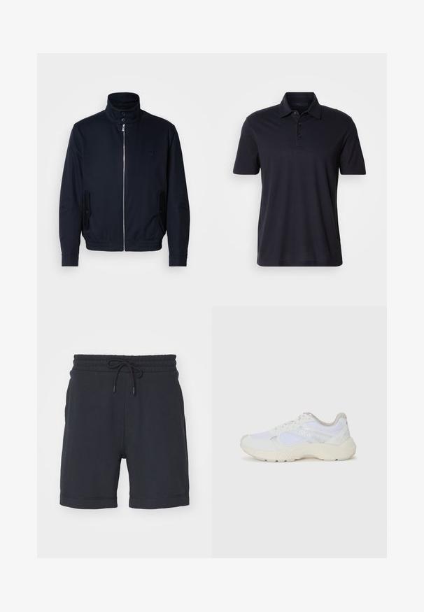 Marineblå jakke med høy krage, glidelås foran, sidelommer og ribbestrikkede mansjetter. Glatt tekstur med en subtil logo detaljer på brystet.; Mørk marineblå kortermet polo-skjorte med krage og tre-knapps knappestolpe, vist på en enkel lys bakgrunn.; Mørkeblå shorts med elastisk linning og justerbar snøring, som har en glatt tekstur og en standard nederkant.; Hvit idrettssko laget av mesh og skinn, med en teksturert mellomsåle, teksturerte detaljer og "HUGO"-logo på siden.