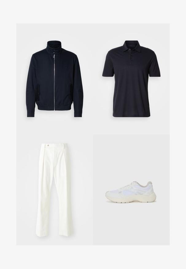 Mornarsko moder plašč z visokim ovratnikom, sprednjim zadrge, stranskimi žepi in rebrastimi manšetami. Gladka tekstura s subtilno detajlom logotipa na prsih.; Temno mornarsko modra polo majica kratkih rukavov s ovratnikom in trimi gumbi, prikazana na enostavni svetli podlagi.; Bela, ravna hlače iz gladkega blaga, ki imajo en sam sprednji naborek, sprednje žepke in gumbasto zapiranje v pasu.; Bela športna obuvala iz mrežastega in semiš materiala, z teksturiranim podplatom, teksturiranimi dodatki in logotipom "HUGO" na strani.