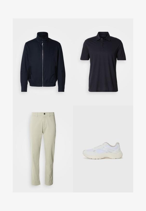 Giacca blu navy con colletto alto, zip frontale, tasche laterali e polsini a coste. Texture liscia con un sottile dettaglio del logo sul petto.; Polo shirt corto a maniche corte di un blu navy scuro con colletto e patta con tre bottoni, esposto su uno sfondo chiaro e uniforme.; Chinos in cotone beige con taglio dritto, chiusura con zip e un unico bottone. Presentano passanti per cintura e una texture liscia.; Scarpe da ginnastica bianche in mesh e suede, con una suola intermedia testurizzata, dettagli testurizzati e il logo "HUGO" sul lato.