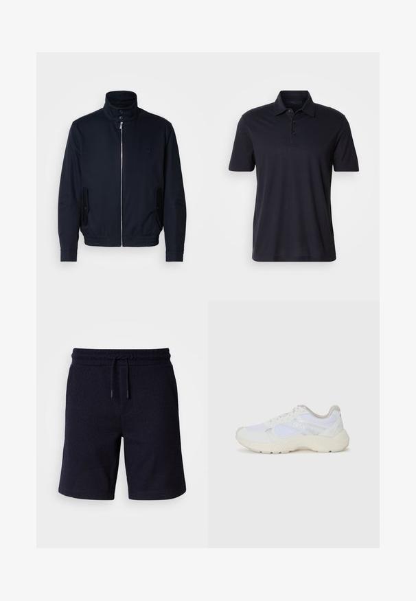 Marineblaue Jacke mit hohem Kragen, Vorderreißverschluss, seitlichen Taschen und gerippten Bündchen. Glatte Textur mit einem dezenten Logodetail auf der Brust.; Dunkelblaues Kurzarm-Polohemd mit Kragen und Dreiknopf-Leiste, auf einem schlichten hellen Hintergrund präsentiert.; Marineblaue Shorts mit elastischem Bund und Kordelzug. Strukturierter Stoff mit glatter Oberfläche, ausgestattet mit Seitennähten.; Weiße Sportschuhe aus Mesh und Wildleder, mit einer strukturierten Zwischensohle, strukturierten Akzenten und dem "HUGO"-Logo an der Seite.