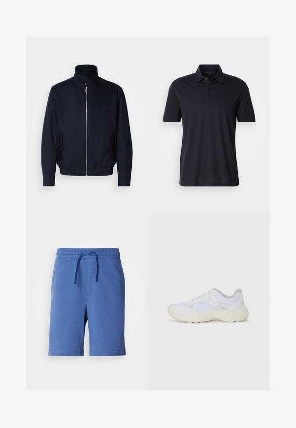 Marineblauwe jas met hoge kraag, voorsluiting met rits, zijzakken en ribgebreide manchetten. Gladde textuur met een subtiele logo-detail op de borst.; Donkerblauwe polo met korte mouwen, voorzien van een kraag en een drieknoopssluiting, weergegeven op een lichte effen achtergrond.; Blauwe katoenen shorts met een elastische tailleband, trekkoord en zijzak. Zachte textuur, knielange uitstraling, minimale merkdetails.; Witte sportief schoenen van mesh en suede, met een gestructureerde tussenzool, gestructureerde accenten en het "HUGO" logo aan de zijkant.