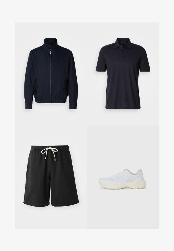 Jūras zils žakets ar augstu apkakli, priekšējo rāvējslēdzi, sānu kabatām un ribotajiem piedurknēm. Gluda tekstūra ar nelielu logotipa detaļu uz krūšu.; Tumši jūras zila īsām piedurknēm polo krekls ar apkakli un trim pogām, uz vienkārša, gaiša fona.; Melnas sporta šortu bikses, kas izgatavotas no mīksta materiāla, ar elastīgu jostu un krēmkrāsas saiti, kā arī sānu kabatām.; Baltas sporta apavi, kas izgatavoti no sieta un zamšāda, ar teksturētu starpzoli, teksturētām akcentēm un "HUGO" logo sānos.