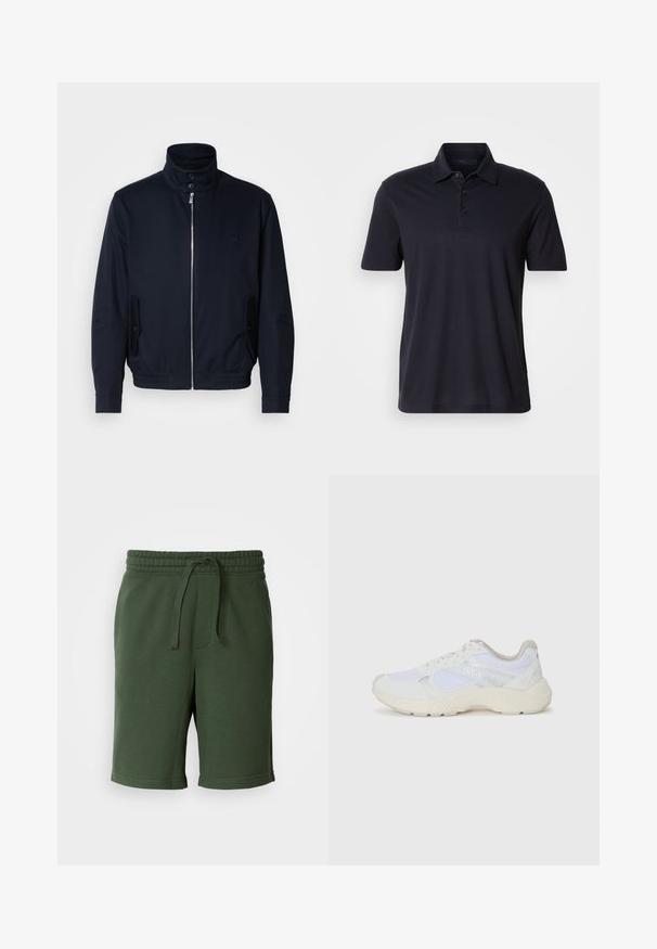 Veste bleu marine avec un col haut, fermeture éclair à l'avant, poches latérales et poignets côtelés. Texture lisse avec un détail logo subtil sur la poitrine.; Polo shirt à manches courtes bleu marine foncé avec un col et une patte de boutonnage à trois boutons, présenté sur un fond clair et uni.; Shorts vert foncé avec une taille élastique, détail de cordon de serrage, poches et un tissu doux en mélange de coton. Longueur mi-cuisse.; Baskets de sport blanches en mesh et en daim, avec une semelle intermédiaire texturée, des accents texturés et le logo "HUGO" sur le côté.