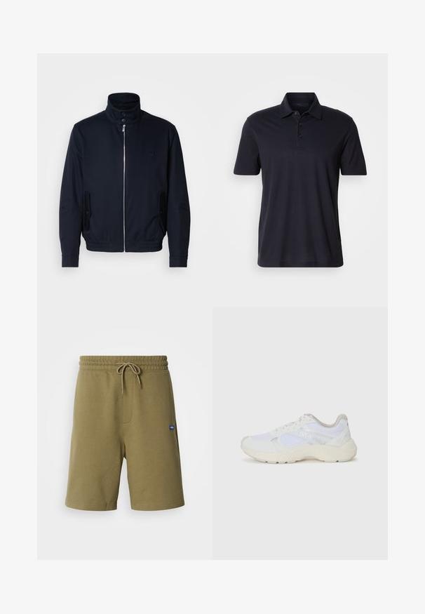 Marineblauwe jas met hoge kraag, voorsluiting met rits, zijzakken en ribgebreide manchetten. Gladde textuur met een subtiele logo-detail op de borst.; Donkerblauwe polo met korte mouwen, voorzien van een kraag en een drieknoopssluiting, weergegeven op een lichte effen achtergrond.; Khaki sportieve shorts van een zachte katoenmix, met een elastische tailleband met koord, zijzakken en een logo-opdruk.; Witte sportief schoenen van mesh en suede, met een gestructureerde tussenzool, gestructureerde accenten en het "HUGO" logo aan de zijkant.