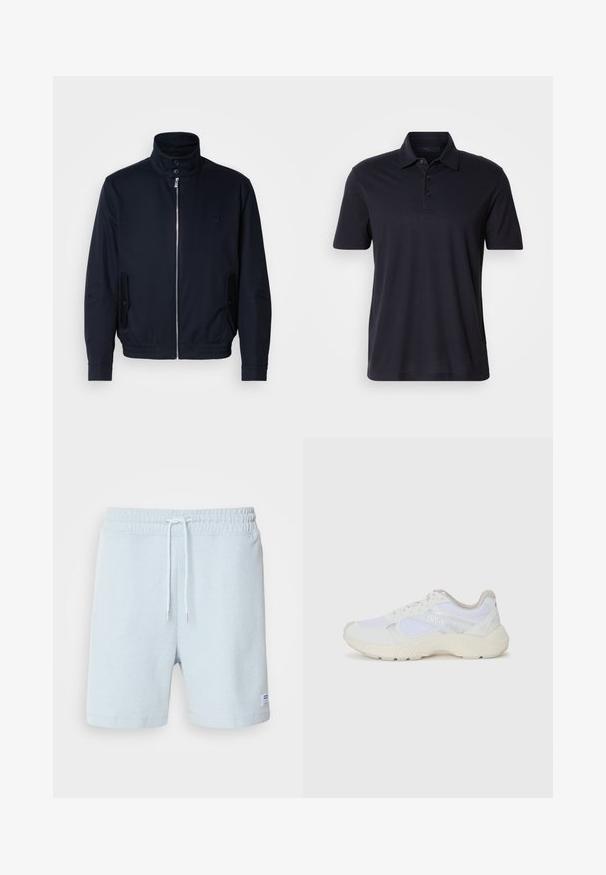 Tengerészkék dzseki magas gallérral, elülső cipzárral, oldalsó zsebekkel és bordázott mandzsettákkal. Sima felület, amelyen diszkrét logórészlet található a mellrészen.; Sötét tengerészkék, rövid ujjú pólóing, gallérral és háromgombos gombolóval, sima világos háttéren bemutatva.; Világoskék bordázott rövidnadrág elasztikus derékkal, zsinóros részletekkel és egy kis címkével a bal oldalon. Puha pamut anyag.; Fehér sportcipők, amelyek hálós és velúr anyagból készültek, texturált középtalppal, texturált részletekkel és a "HUGO" logóval az oldalon.