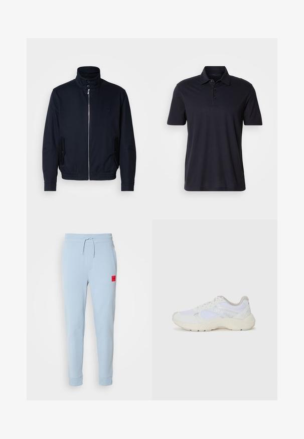 Navy blue jacket with a high collar, front zipper, side pockets, and ribbed cuffs. Smooth texture with a subtle logo detail on the chest.; Dark navy short-sleeve polo shirt with a collar and three-button placket, displayed on a plain light background.; Light blue cotton joggers with a drawstring waist, side pockets, and a small red logo patch on the left side. Fitted cuffs at the ankles.; White athletic shoes made of mesh and suede, featuring a textured midsole, textured accents, and "HUGO" logo on the side.