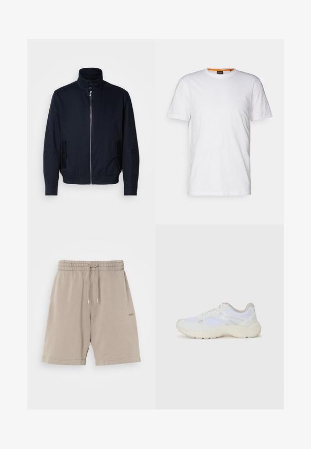 Marineblå jakke med høj krave, frontlynlås, sidelommer og ribstrikkede manchetter. Glat tekstur med en diskret logo detaljer på brystet.; Hvid bomulds T-shirt med rund hals, korte ærmer og et subtilt præget logo på brystet. Indvendigt mærke har en orange detalje.; Beige bomuldsshorts med elastisk talje, snor lukning og sidelommer. Glat tekstur med et logo trykt på benet.; Hvide sportssko lavet af mesh og ruskind, med en struktureret mellemsål, strukturerede detaljer og "HUGO"-logoet på siden.