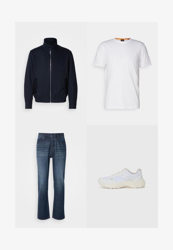 Laivansinis takki, jossa on korkea kaulus, edessä vetoketju, sivutaskut ja ribattu hihansuu. Sileä pinta, jossa on hienovarainen logo-ominaisuus rinnassa.; Valkoinen puuvillateepaita, jossa on pyöreä kaula-aukko, lyhyet hihat ja hillitty kohopainettu logo rinnassa. Sisämerkissä on oranssi yksityiskohta.; Farkut denim, joissa on suora lahje, keskikokoinen pesu, viisi taskua ja nappikiinnitys. Kankaan pinta on sileä ja siinä on lievää haalistumista.; Valkoiset urheilukengät, jotka on valmistettu verkkokankaasta ja mokasta, sisältävät tekstuurillisen välipohjan, teksturoituja yksityiskohtia ja "HUGO"-logon sivussa.