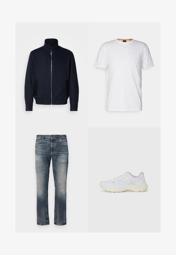 Tumesinine jope, millel on kõrge krae, ees tõmblukk, küljetaskud ja soonikkoes varrukad. Sile tekstuur koos õrnalt logo detailiga rinna piirkonnas.; Valge puuvillane T-särk ümmarguse kaelusega, lühikeste varrukatega ja rinna peal diskreetse reljeefse logoga. Siseetiketil on oranž detail.; Sinine denimist teksapüksid sirge lõikega. Kerged pleekinud alad, klassikaline viie taskuga disain ja üks metallnupp kinnituseks vööl.; Valged sportlikud jalanõud, mis on valmistatud võrkkangast ja seemisnahast, sisaldavad tekstureeritud vahetald, tekstureeritud aktsentide ning küljes oleva "HUGO" logo.