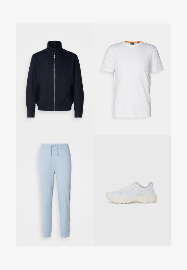 Tengerészkék dzseki magas gallérral, elülső cipzárral, oldalsó zsebekkel és bordázott mandzsettákkal. Sima felület, amelyen diszkrét logórészlet található a mellrészen.; Fehér pamut póló kerek nyakkivágással, rövid ujjakkal, és finoman domborított logóval a mellkason. A belső címke narancssárga akcentussal rendelkezik.; Világoskék pamutnadrág, puha anyagból, elasztikus derékkal és állítható zsinórral. Az állítható szárak tökéletesítik a megjelenést.; Fehér sportcipők, amelyek hálós és velúr anyagból készültek, texturált középtalppal, texturált részletekkel és a "HUGO" logóval az oldalon.