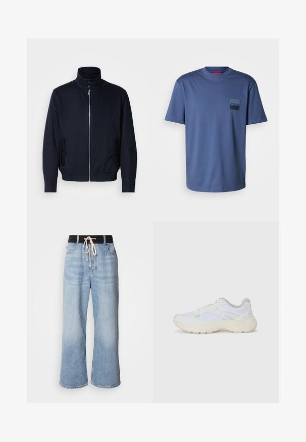 Marineblå jakke med høy krage, glidelås foran, sidelommer og ribbestrikkede mansjetter. Glatt tekstur med en subtil logo detaljer på brystet.; Blå kortermet T-skjorte laget av myk bomull, med en firkantet lomme med en mørkeblå logo. Klassisk rund hals-design.; Lyseblå vide jeans med svart elastisk midje, som har snøring og klassisk fem-lommers design.; Hvit idrettssko laget av mesh og skinn, med en teksturert mellomsåle, teksturerte detaljer og "HUGO"-logo på siden.