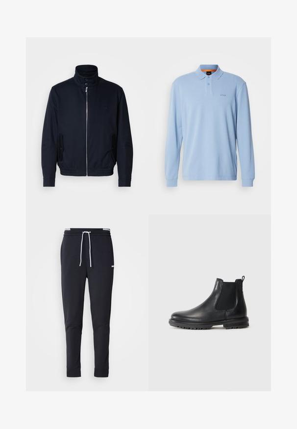 Casaco azul marinho com colarinho alto, fecho éclair frontal, bolsos laterais e punhos canelados. Textura suave com um detalhe logo discreto no peito.; Camisa polo de manga longa azul claro em tecido texturizado, com colarinho e placket de dois botões, apresentando o logótipo bordado "BOSS" no peito.; Calças de jogger ajustadas pretas com cordão branco, cintura elástica com riscas brancas e pequeno logo branco na parte superior da coxa.; Bota Chelsea preta em couro com painéis laterais elásticos, alça de puxar, bico arredondado e sola robusta com ranhuras para tração.