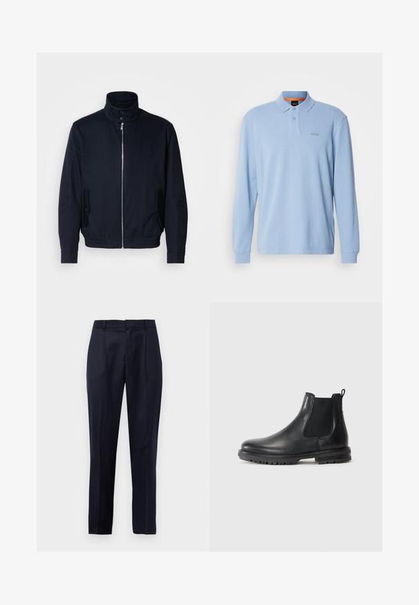 Tengerészkék dzseki magas gallérral, elülső cipzárral, oldalsó zsebekkel és bordázott mandzsettákkal. Sima felület, amelyen diszkrét logórészlet található a mellrészen.; Világoskék, hosszú ujjú pólóing strukturált anyagból, gallérral és két gombbal, az elején hímzett "BOSS" logóval.; Sötétkék, szabott, elöl pliszírozott nadrág, övhurkokkal és tapered lábformával, fehér háttér előtt.; Fekete bőr Chelsea csizma elasztikus oldalsó panelekkel, húzófüllel, kerek orral és strapabíró talppal, amely tapadóbarázdákkal rendelkezik.