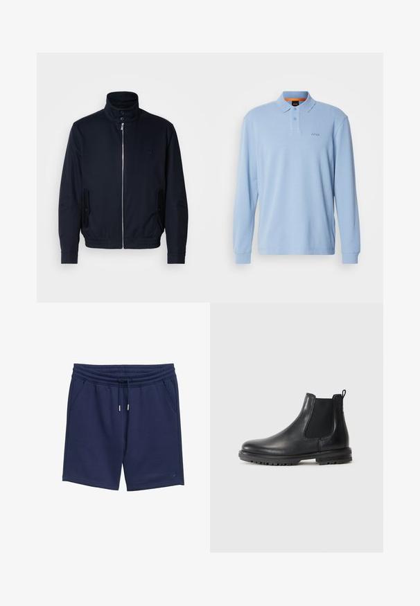 Jūras zils žakets ar augstu apkakli, priekšējo rāvējslēdzi, sānu kabatām un ribotajiem piedurknēm. Gluda tekstūra ar nelielu logotipa detaļu uz krūšu.; Gaiši zils garām piedurknēm polo krekls ar teksturētu audumu, ar apkakli un divu pogu aizdari, uz krūtīm ir izšūts "BOSS" logo.; Jūras zila šorti, izgatavoti no mīksta auduma, ar elastīgu jostu un auklu, sānu kabatām un vienkāršu logotipa detalizāciju.; Melnas ādas Čelsijas zābaki ar elastīgām sānu paneļiem, vilkšanas cilpu, noapaļotu purngalu un izturīgu zoli ar gumijas protektora rievām.
