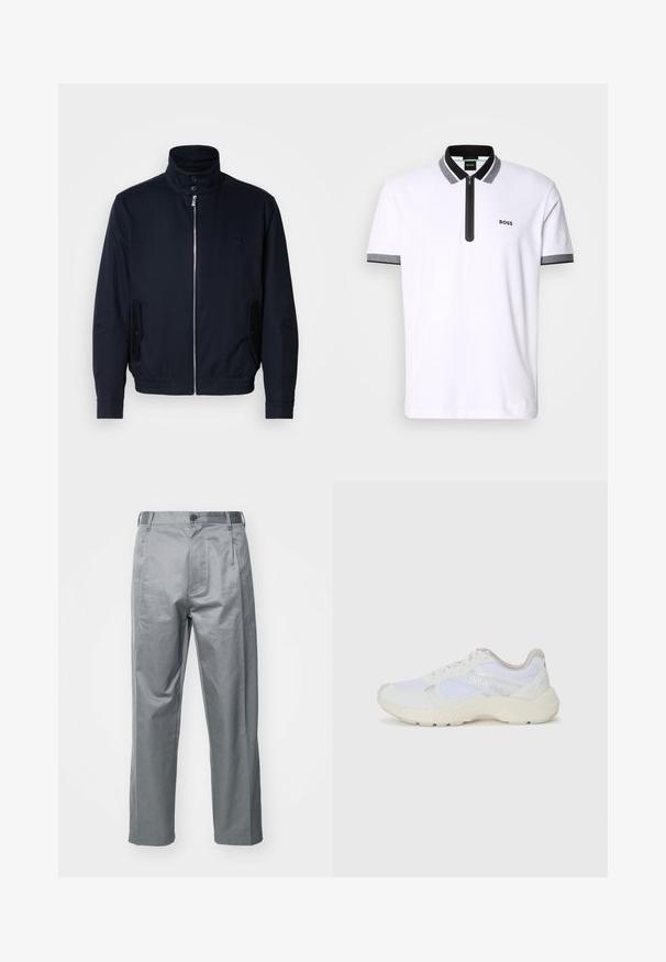 Tumesinine jope, millel on kõrge krae, ees tõmblukk, küljetaskud ja soonikkoes varrukad. Sile tekstuur koos õrnalt logo detailiga rinna piirkonnas.; Valge polo särk musta ja halli krae ning varrasteservade ääristustega, tõmblukuga kaelus ja bordüüritud "BOSS" logo vasakul rinnal.; Hallitse hägatud puuvillasegused püksid, millel on sirge lõikega disain, ees nupuga kinnitus, vööde augud ja küljetaskud.; Valged sportlikud jalanõud, mis on valmistatud võrkkangast ja seemisnahast, sisaldavad tekstureeritud vahetald, tekstureeritud aktsentide ning küljes oleva "HUGO" logo.