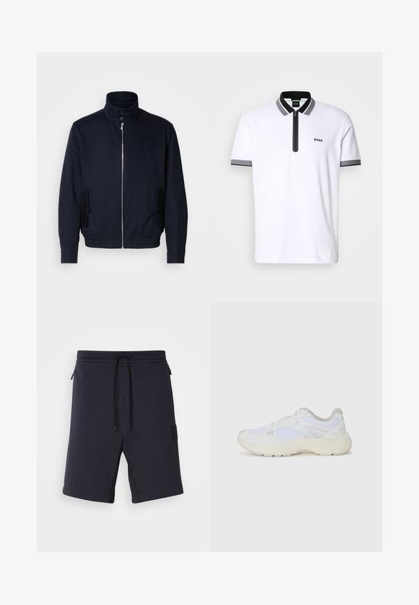Námořnická modrá bunda s vysokým límcem, předním zipem, bočními kapsami a žebrovanými manžetami. Hladká textura s jemným logem na hrudi.; Biela polo košeľa s čiernym a šedým golierom a ozdobnými lemami na rukávoch, so zipsovým zapínaním a vyšívaným logom "BOSS" na ľavej hrudi.; Tmavomodré šortky s hladkým povrchom, elastickým pásom, šnúrkou a bočnými vreckami. Obsahujú čiernu nášivku loga na boku.; Biele atletické topánky vyrobené z materiálov sieťoviny a semišu, s textúrovanou strednou podošvou, textúrovanými akcentmi a logom "HUGO" na boku.