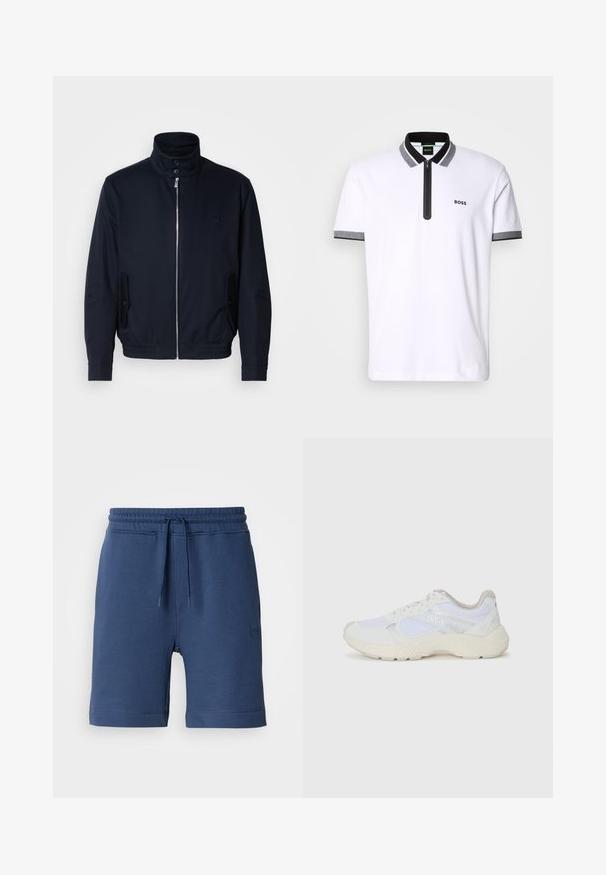 Tamno plava jakna s visokim ovratnikom, prednjim patentnim zatvaračem, bočnim džepovima i rebrastim manžetama. Glatka tekstura s suptilnim logotipom na prsima.; Bijela polo majica s crnim i sivim obrubima oko ovratnika i rukava, zatvaračem na prednjem dijelu i izvezenim "BOSS" logotipom na lijevoj strani prsnog koša.; Tamno plavi pamukasti šorc s elastičnim pojasom, vezicom i bočnim džepovima. Ima mali logo na lijevoj strani.; Bijele atletske tenisice napravljene od mrežastog materijala i kože antilop, s teksturiranom srednjom potplatom, teksturiranim detaljima i "HUGO" logotipom sa strane.