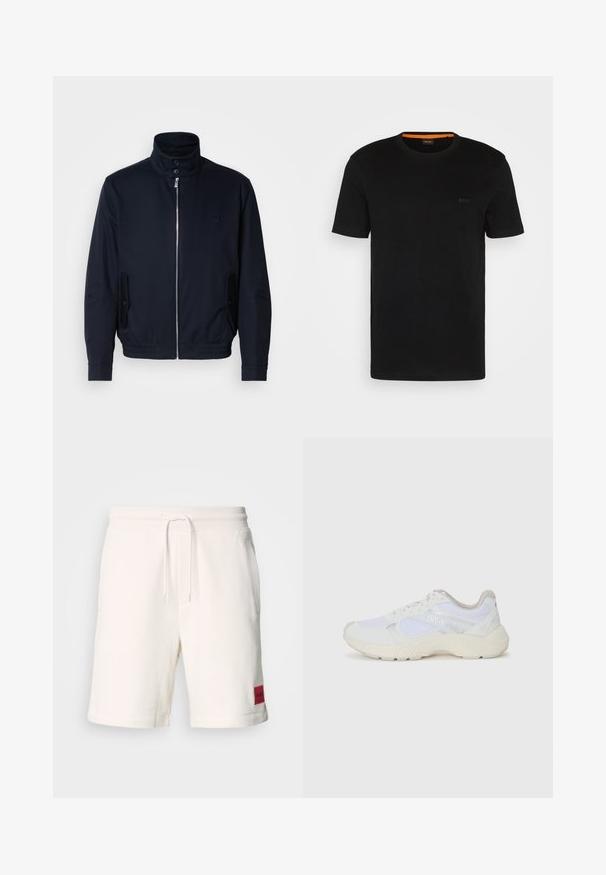 Tamno plava jakna s visokim ovratnikom, prednjim patentnim zatvaračem, bočnim džepovima i rebrastim manžetama. Glatka tekstura s suptilnim logotipom na prsima.; Crna kratka majica s kratkim rukavima izrađena od mekog materijala, sa okruglim izrezom i suptilnim logotipom sprijeda. Unutrašnja bočna stranica kragne ima narančasti naglasak.; Kratke hlače od pamučnog platna u krem boji s elastičnim pojasom, vezicom i bočnim džepovima. Ima crvenu oznaku brenda na lijevoj butini.; Bijele atletske tenisice napravljene od mrežastog materijala i kože antilop, s teksturiranom srednjom potplatom, teksturiranim detaljima i "HUGO" logotipom sa strane.