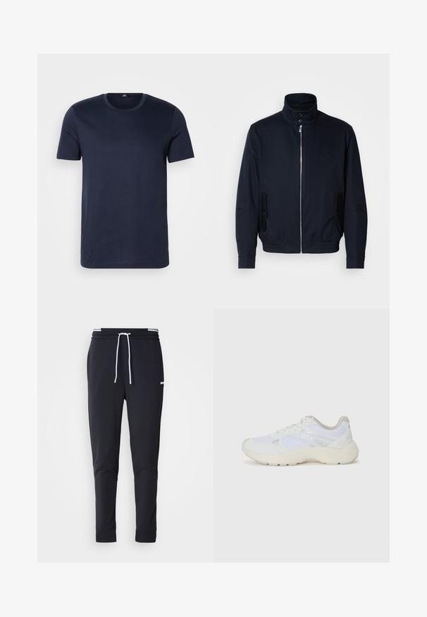 Tamsiai mėlyna striukė su aukšta apykakle, priekine užtrauktuku, šoninėmis kišenėmis ir gipiūriniais rankogaliais. Lygus paviršius su subtiliu logotipu ant krūtinės.; Tamsiai mėlynas medvilnės marškinėliai su apvaliu kaklu ir trumpomis rankovėmis. Turi lygų paviršių ir standartinį fasoną, be matomų raštų.; Juodi liekni džinsai su balta raišteliu, elastinga juosmens juosta su baltais raštais ir maža balta logotipu viršutiniame šlaunies taške.; Balti sportiniai bateliai, pagaminti iš tinklinės medžiagos ir zomšos, su tekstūruotu viduriu, tekstūruotais akcentais ir „HUGO“ logotipu šone.