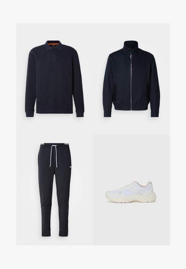 Casaco azul marinho com colarinho alto, fecho éclair frontal, bolsos laterais e punhos canelados. Textura suave com um detalhe logo discreto no peito.; Polo de manga comprida azul-marinho feito de tecido texturizado com abertura na gola com botões. Apresenta um pequeno logo bordado no peito.; Calças de jogger ajustadas pretas com cordão branco, cintura elástica com riscas brancas e pequeno logo branco na parte superior da coxa.; Ténis brancos desportivos feitos de malha e camurça, com uma entressola texturizada, elementos texturizados e o logótipo "HUGO" na lateral.