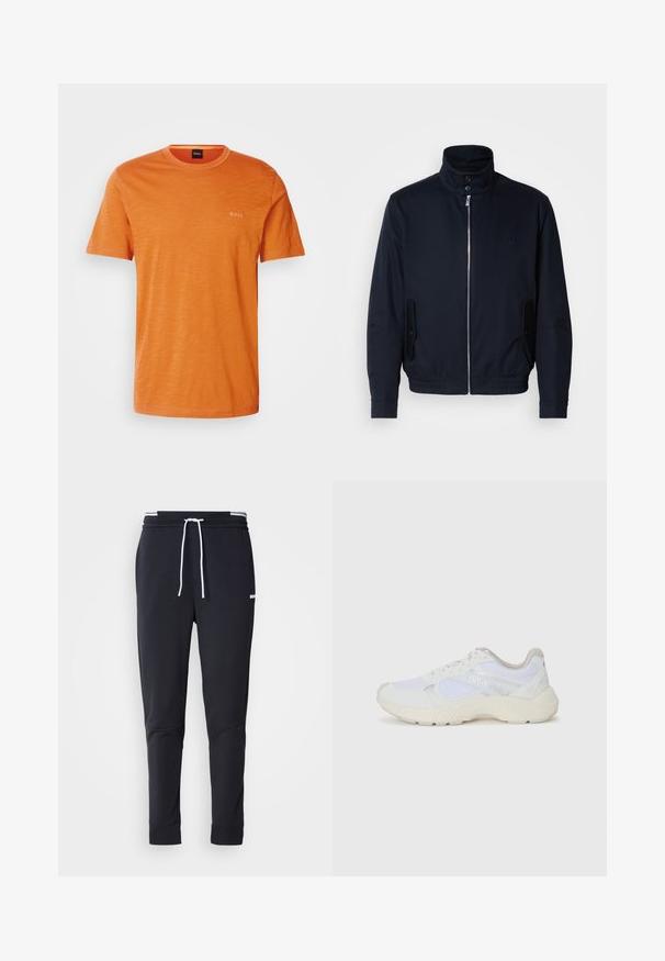 Casaco azul marinho com colarinho alto, fecho éclair frontal, bolsos laterais e punhos canelados. Textura suave com um detalhe logo discreto no peito.; T-shirt de manga curta laranja, feita de algodão macio, com um decote redondo e um discreto logótipo 'BOSS' na mesma cor no peito.; Calças de jogger ajustadas pretas com cordão branco, cintura elástica com riscas brancas e pequeno logo branco na parte superior da coxa.; Ténis brancos desportivos feitos de malha e camurça, com uma entressola texturizada, elementos texturizados e o logótipo "HUGO" na lateral.