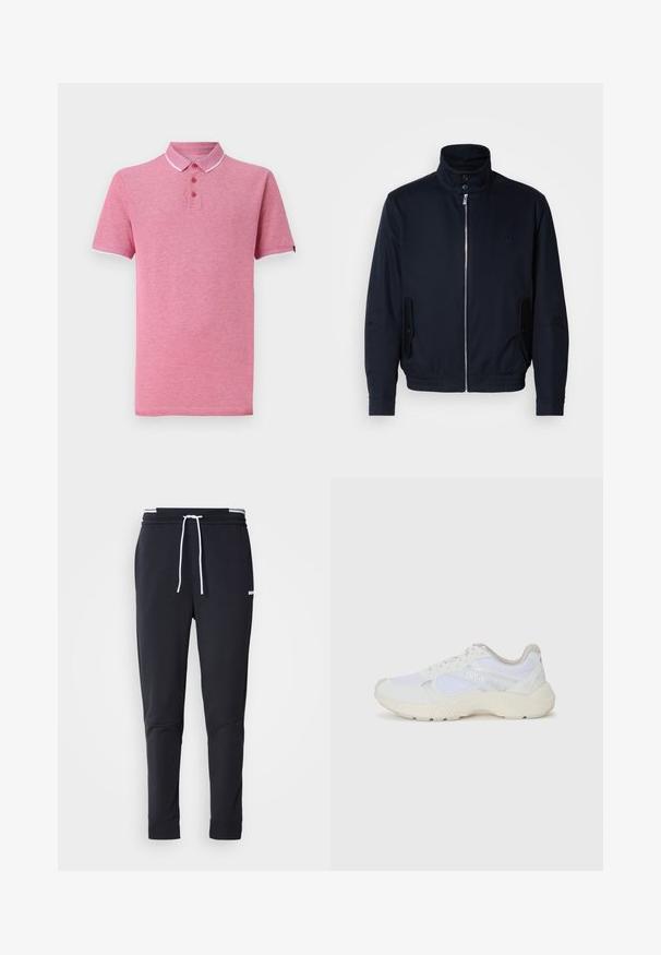 Tumesinine jope, millel on kõrge krae, ees tõmblukk, küljetaskud ja soonikkoes varrukad. Sile tekstuur koos õrnalt logo detailiga rinna piirkonnas.; Roosa polo särk lühikeste varrukatega, ribadest kaelus, kolme nööbiga kinnitamine ning kontrastsete valgete ääristega kaeluses ja varrukates.; Mustad must-fit spordipüksid valge paelaga, elastse vöökohtaga valgete triipudega ja väikese valge logoga ülemisel reiel.; Valged sportlikud jalanõud, mis on valmistatud võrkkangast ja seemisnahast, sisaldavad tekstureeritud vahetald, tekstureeritud aktsentide ning küljes oleva "HUGO" logo.