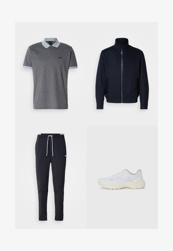 Námořnická modrá bunda s vysokým límcem, předním zipem, bočními kapsami a vroubkovanými manžetami. Hladká textura s jemným logem na hrudi.; Šedé polo tričko s vzorovanou texturou, světle modrým límečkem a manžetami. Obsahuje knoflíkovou légu a vyšívané logo na levé hrudi.; Černé slim-fit jogger kalhoty s bílým stahovacím proužkem, elastickým pasem s bílými pruhy a malým bílým logem na horní části stehna.; Bílé sportovní boty vyrobené z síťoviny a semiše, s texturovanou mezipodešví, texturovanými akcenty a logem "HUGO" na boku.