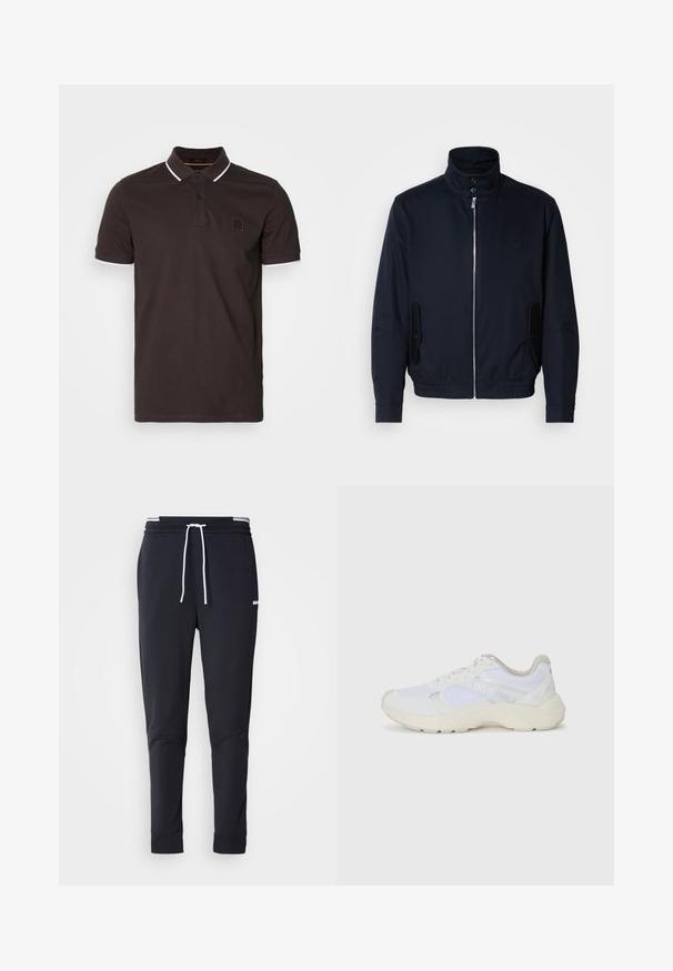 Marinblå jacka med hög krage, frontdragkedja, sidofickor och ribbade ärmar. Slät textur med en diskret logodetalj på bröstet.; Mörkbrun polo skjorta i bomull, med klassisk krage, två knappar och vita detaljer vid kragen och ärmarna. Liten logotyp på bröstet.; Svarta slim-fit joggerbyxor med vit dragsko, elastisk midja med vita ränder och en liten vit logotyp på övre låret.; Vitaidrottsskor i mesh och mocka med en strukturerad mellansula, texturerade accenter och "HUGO"-logotypen på sidan.