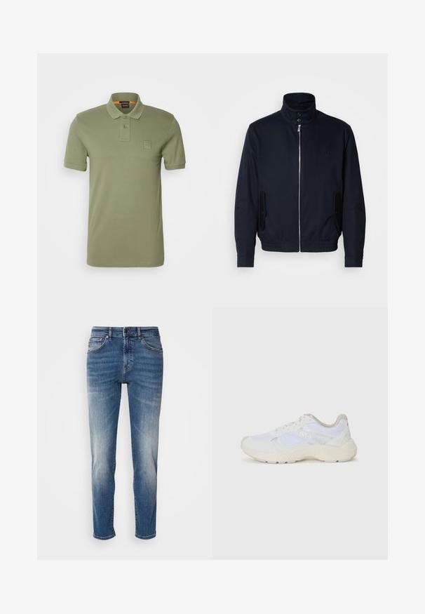 Tamsiai mėlyna striukė su aukšta apykakle, priekine užtrauktuku, šoninėmis kišenėmis ir gipiūriniais rankogaliais. Lygus paviršius su subtiliu logotipu ant krūtinės.; BOSS PASSENGER - Polo marškinėliai - open green; Mėlyni džinsai su tiesiu kirpimu, šviesiu nusidėvėjimu, klasikinė penkių kišenių stiliumi ir užtrauktuku su sagute.; Balti sportiniai bateliai, pagaminti iš tinklinės medžiagos ir zomšos, su tekstūruotu viduriu, tekstūruotais akcentais ir „HUGO“ logotipu šone.
