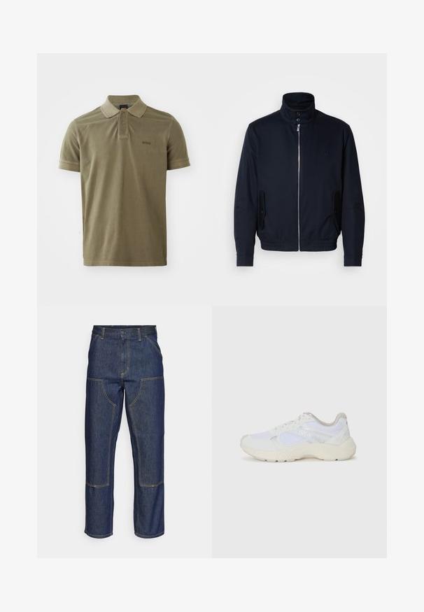 Navy blue jacket with a high collar, front zipper, side pockets, and ribbed cuffs. Smooth texture with a subtle logo detail on the chest.; Olive green polo shirt made of cotton, featuring a two-button placket, short sleeves, and a subtle logo detail on the chest.; Dark blue denim jeans with a high waist, straight leg design, contrasting stitching, and patch pockets on the front.; White athletic shoes made of mesh and suede, featuring a textured midsole, textured accents, and "HUGO" logo on the side.