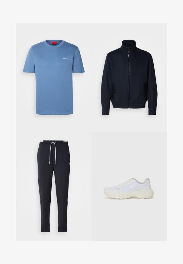 Tengerészkék dzseki magas gallérral, elülső cipzárral, oldalsó zsebekkel és bordázott mandzsettákkal. Sima felület, amelyen diszkrét logórészlet található a mellrészen.; Világoskék pamut póló klasszikus kerek nyakkal, rövid ujjakkal, bal mellen egy kis fehér "HUGO" logóval.; Fekete, slim-fit rakott nadrág fehér zsinórral, elasztikus derékpánttal, fehér csíkokkal, és kisebb fehér logóval a comb felső részén.; Fehér sportcipők, amelyek hálós és velúr anyagból készültek, texturált középtalppal, texturált részletekkel és a "HUGO" logóval az oldalon.