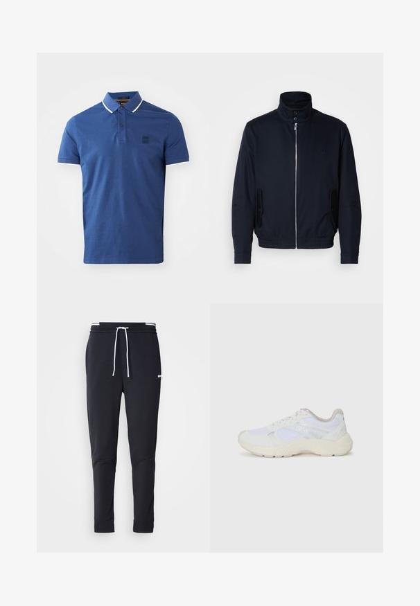 Granatowa kurtka z wysokim kołnierzem, przednim zamkiem, bocznymi kieszeniami i ściągaczami na mankietach. Gładka tekstura z subtelnym logo na klatce piersiowej.; Koszulka polo w ciemnoniebieskim kolorze z bawełny, z dwoma guzikami przy kołnierzyku, krótki rękaw oraz białymi akcentami na kołnierzyku i mankietach.; Czarne, dopasowane spodnie dresowe z białym sznurkiem zaciskowym, elastycznym pasem w białe paski oraz małym białym logo na górnej części uda.; Białe sportowe buty wykonane z siateczki i zamszu, z teksturowaną podeszwą środkową, teksturowanymi akcentami i logo "HUGO" z boku.