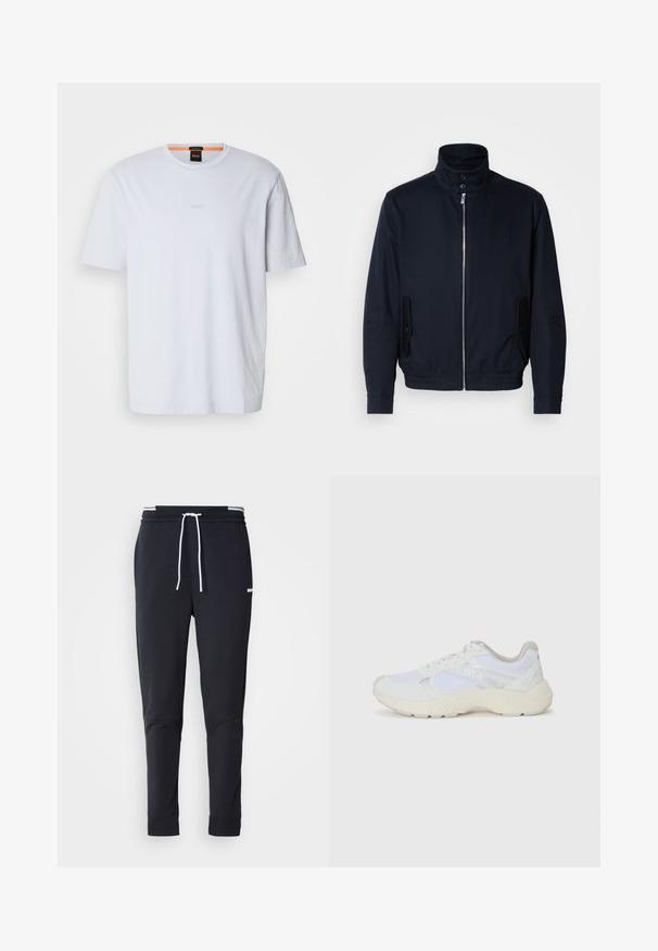 Mornarsko moder plašč z visokim ovratnikom, sprednjim zadrge, stranskimi žepi in rebrastimi manšetami. Gladka tekstura s subtilno detajlom logotipa na prsih.; Bela bomba majica iz 100% bombaža s okruglim izrezom, s suptilno embosiranim logotipom "BOSS" na prsima i kratkim rukavima. Glatka tekstura, ležeran kroj.; Črne slim-fit jogger hlače z belo vrvico, elastičnim pasom z belimi črtami in majhnim belim logotipom na zgornjem stegnu.; Bela športna obuvala iz mrežastega in semiš materiala, z teksturiranim podplatom, teksturiranimi dodatki in logotipom "HUGO" na strani.