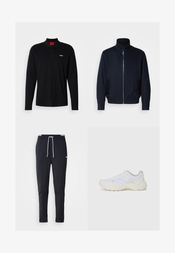 Tumesinine jope, millel on kõrge krae, ees tõmblukk, küljetaskud ja soonikkoes varrukad. Sile tekstuur koos õrnalt logo detailiga rinna piirkonnas.; Must kleitpoli, millel on pikad varrukad, musta värvi, kummist, punase kraega ja kolme nupuga, valge "HUGO" logo rinnal.; Mustad must-fit spordipüksid valge paelaga, elastse vöökohtaga valgete triipudega ja väikese valge logoga ülemisel reiel.; Valged sportlikud jalanõud, mis on valmistatud võrkkangast ja seemisnahast, sisaldavad tekstureeritud vahetald, tekstureeritud aktsentide ning küljes oleva "HUGO" logo.