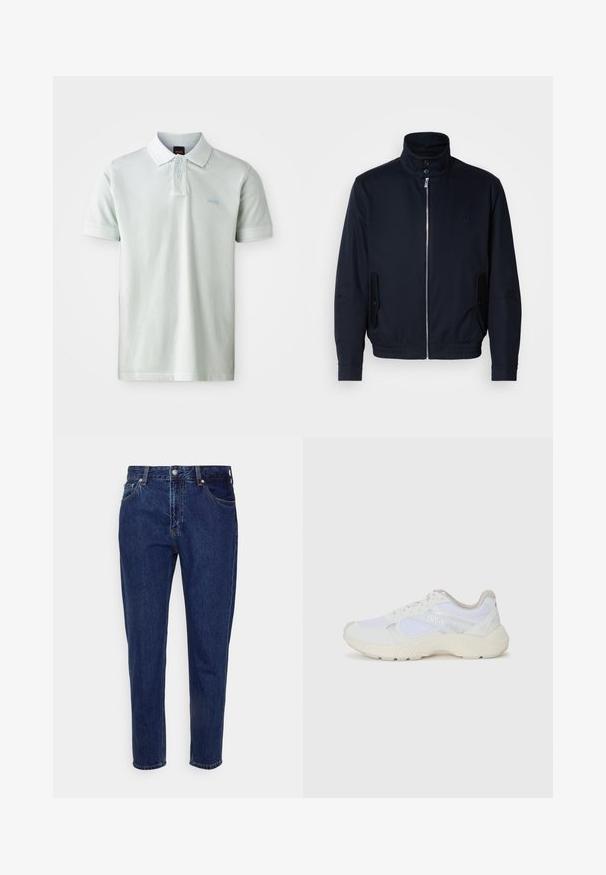 Laivansinis takki, jossa on korkea kaulus, edessä vetoketju, sivutaskut ja ribattu hihansuu. Sileä pinta, jossa on hienovarainen logo-ominaisuus rinnassa.; Vaaleanvihreä polo-paita klassisella kauluksella, lyhyillä hihoilla ja kahden napin nappilistalla. Rinnassa on vaaleansinisellä brodeerattu logo.; Tummansinisiä farkkuhousuja, joissa on suora lahje, viisi taskua ja nappisuljin. Housuissa on hienovaraista kulumista ja ompeluyksityiskohtia.; Valkoiset urheilukengät, jotka on valmistettu verkkokankaasta ja mokasta, sisältävät tekstuurillisen välipohjan, teksturoituja yksityiskohtia ja "HUGO"-logon sivussa.