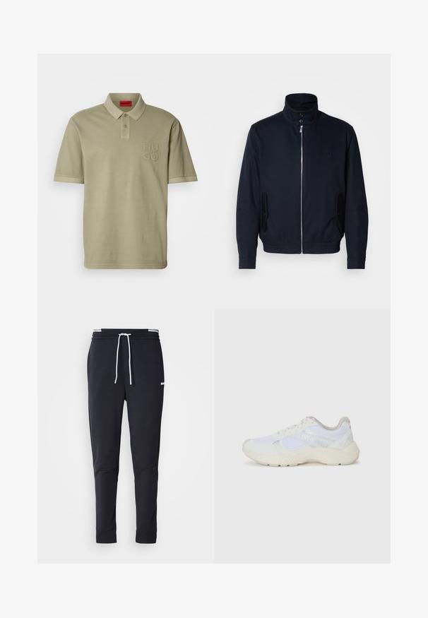 Jūras zils žakets ar augstu apkakli, priekšējo rāvējslēdzi, sānu kabatām un ribotajiem piedurknēm. Gluda tekstūra ar nelielu logotipa detaļu uz krūšu.; Khaki krūšautis ar apkakli, īsām piedurknēm un izšūtu "HUGO" logotipu kreisajā krūtīs. Gluda kokvilnas materiāla, minimālisma dizains.; Melnas pieguļošas jogger bikses ar baltu auklu, elastīgu jostasvietu ar baltām svītrām un mazu baltu logotipu augšstilbā.; Baltas sporta apavi, kas izgatavoti no sieta un zamšāda, ar teksturētu starpzoli, teksturētām akcentēm un "HUGO" logo sānos.