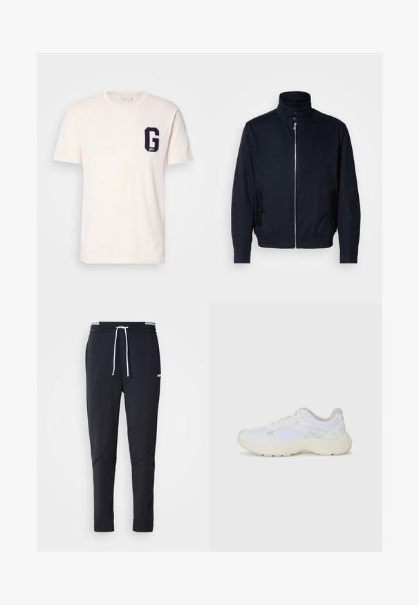 Veste bleu marine avec un col haut, fermeture éclair à l'avant, poches latérales et poignets côtelés. Texture lisse avec un détail logo subtil sur la poitrine.; T-shirt blanc à manches courtes avec col rond et un patch en forme de lettre "G" bleu marine sur la poitrine gauche.; Pantalons de jogging slim-fit noirs avec cordon blanc, taille élastique avec rayures blanches et petit logo blanc sur la cuisse supérieure.; Baskets de sport blanches en mesh et en daim, avec une semelle intermédiaire texturée, des accents texturés et le logo "HUGO" sur le côté.